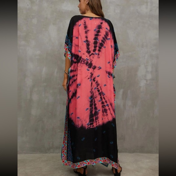 Boho Tie Dye Print Batwing Sleeve Slit Hem Maxi Dress - Picture 3 of 8